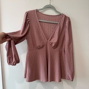 SHEIN curve Pink V-Neck Eyelet peplum Top